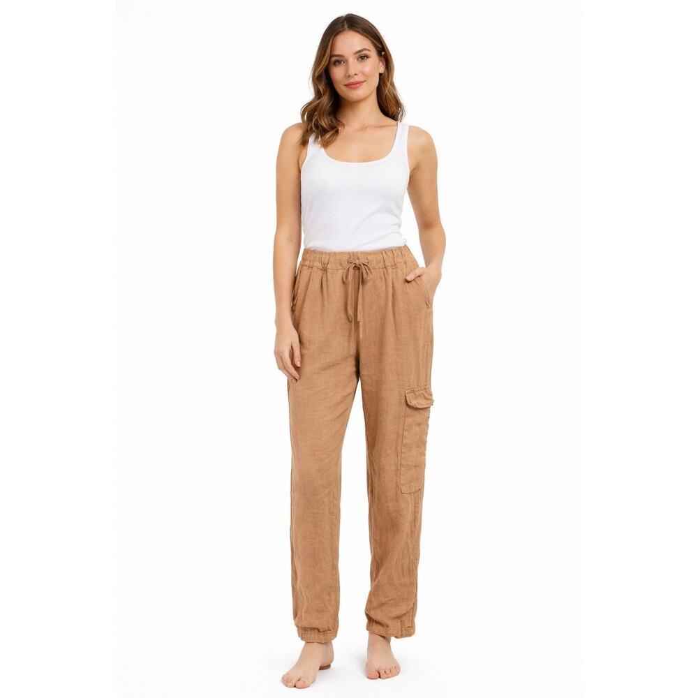 Meo Meli Italy 100% Linen Brown Cargo Pants Lagenlook Coastal Womens One Size